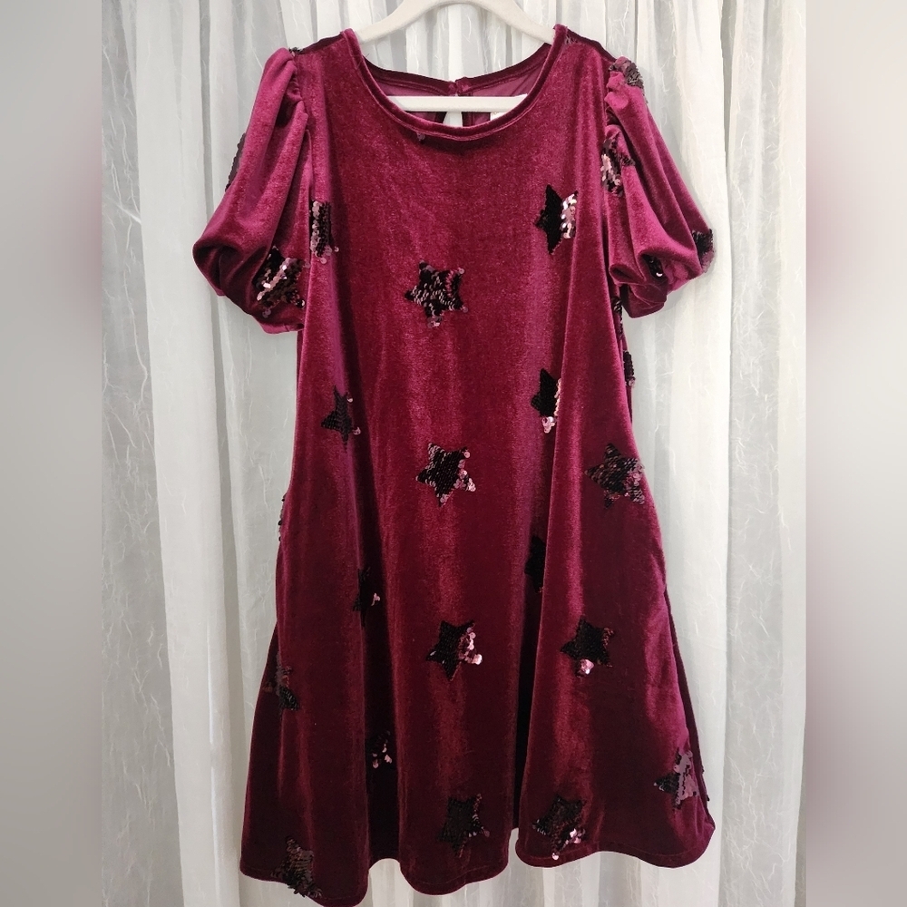 Cat&Jack Burgundy Velvet Starred Short Sleeve Dress w/pockets,Girl's 10/12, NWOT